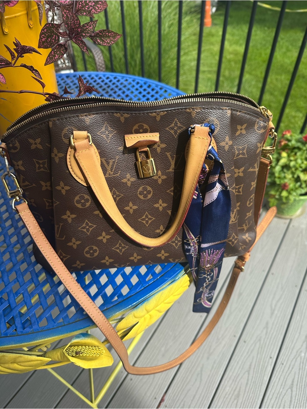 Louis Vuitton Brown Monogram Satchel with Tan Handles and Navy Scarf